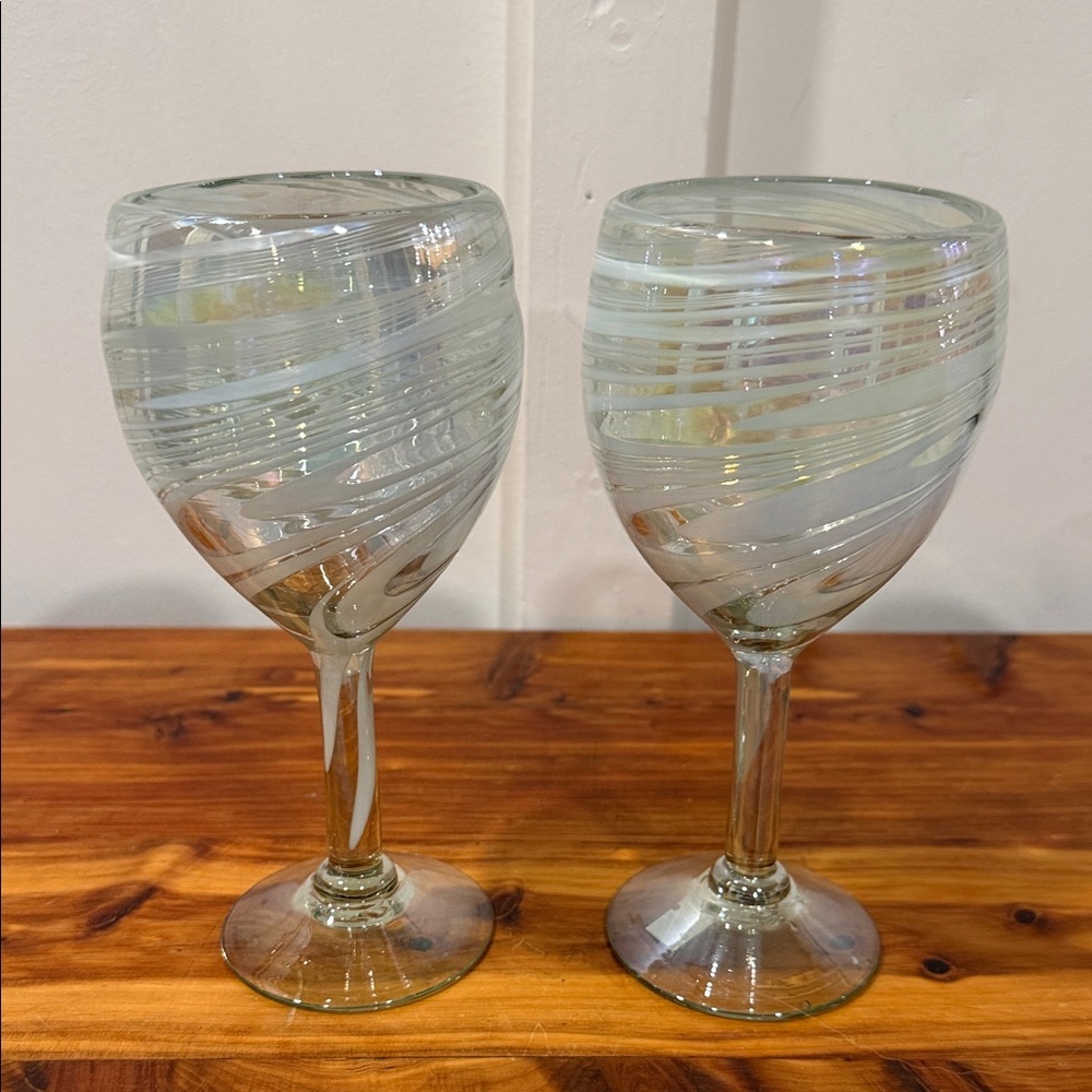 Hand Blown in Mexico Iridescent Art Glass White Silver Swirl Wine Glasses x 2